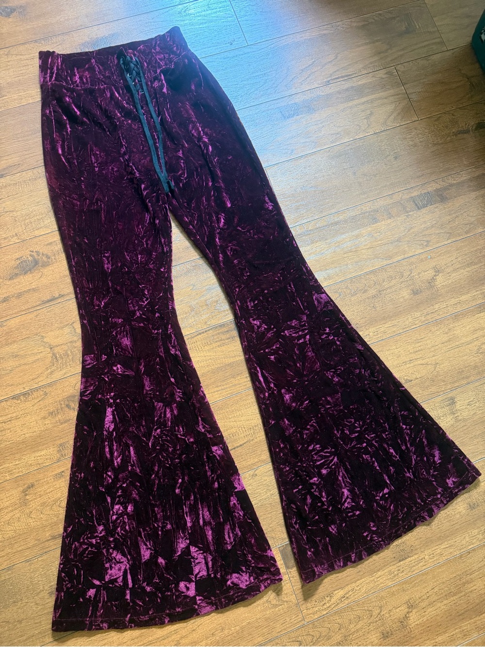 Killstar Deep Burgundy Crushed Velvet Flare Pants - Picture 4 of 7